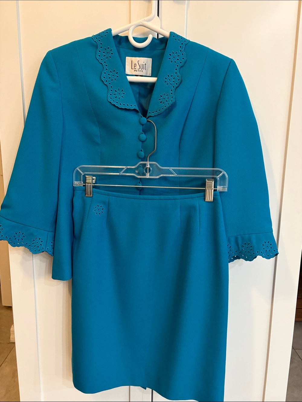 Le Suit Teal Two-Piece Skirt Suit